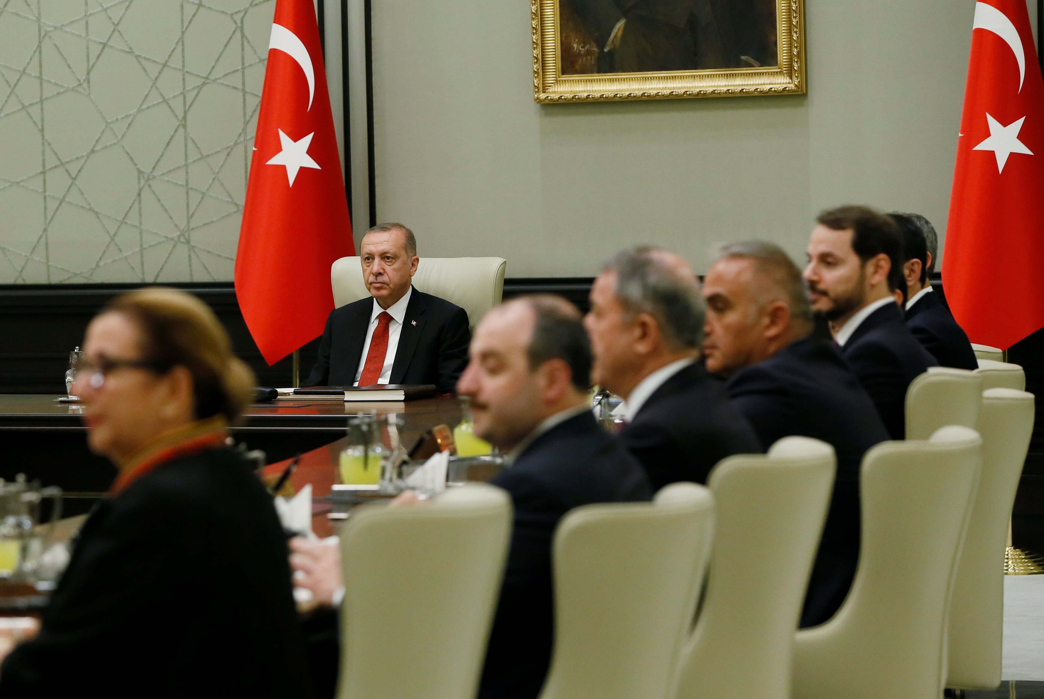 الرئيس التركي رجب طيب أردوغان يترأس اجتماع لمجلس الوزراء الجديد في العاصمة التركية أنقرة، 13 يوليو 2018. رويترز  