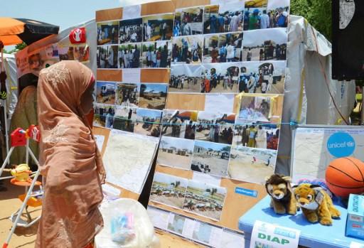 'طفلة تنظر إلى مجموعة صور لأشخاص مهجّرين داخليا يقطنون في أحد المخيمات في النيجر، الذي يأوي نحو 30 ألف شخص مهجّر بسبب بوكو حرام، 17 أغسطس 2018. أ ف ب  