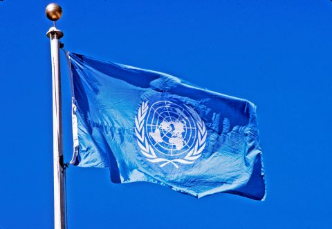 علم منظمة الأمم المتحدة المرفوع أمام مقرها في نيويورك. الموقع الإلكتروني للمنظمة