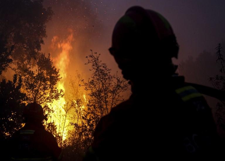 رجال إطفاء وأشجار مشتعلة قرب مونشيك في إقليم الغرفي، 8 أغسطس 2018. كارلوس كوستا/أ ف ب