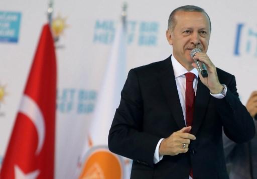 الرئيس التركي رجب طيب إردوغان يتحدث خلال مؤتمر حزب العدالة والتنمية، 18 أغسطس 2018. أ ف ب 