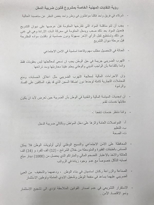 رؤية النقابات المهنية بمسودة مشروع قانون ضريبة الدخل