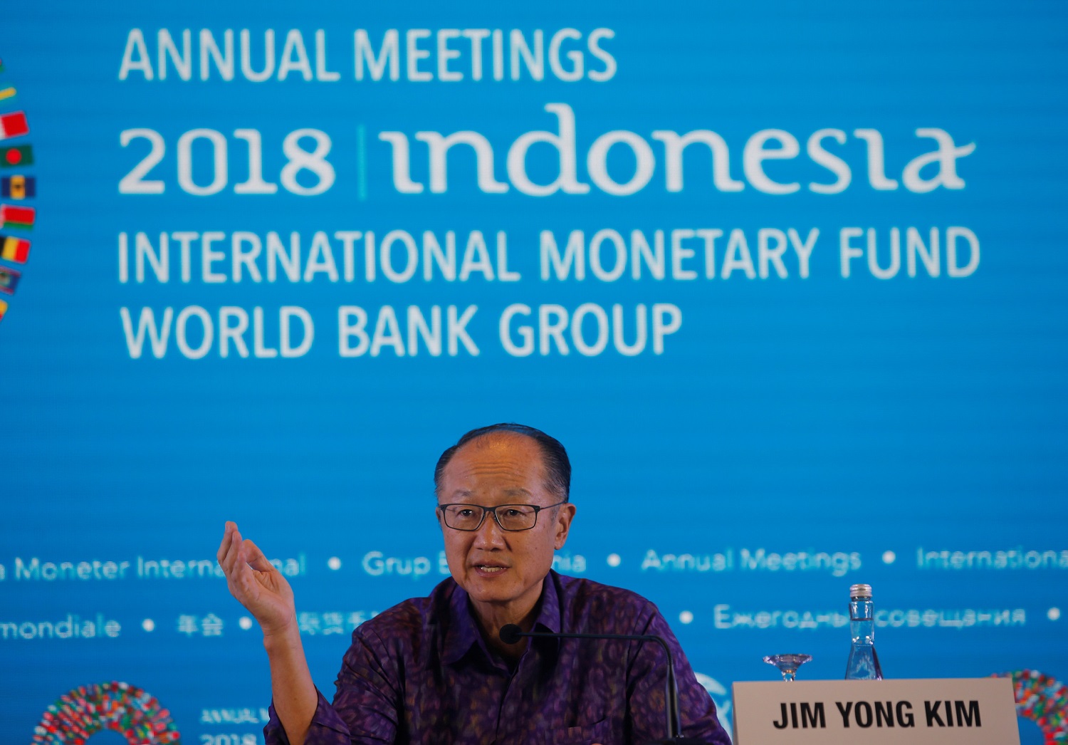 رئيس البنك الدولي جيم يونغ كيم خلال مؤتمر مجموعة البنك الدولي في إندونيسيا 11 أكتوبر 2018. جوهانس كريستو/ رويترز 