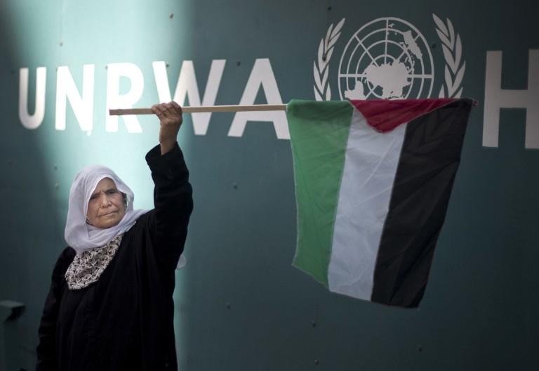 فلسطينية ترفع علم بلادها أمام مقر أونروا في مدينة غزة، 9 أكتوبر 2013. محمود حمص/ أ ف ب