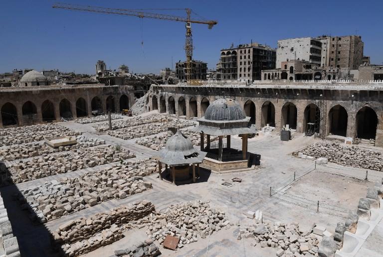 جانب من إعادة إعمار مسجد الأمويين في مدينة حلب السورية، 18 أغسطس 2018. أ ف ب 