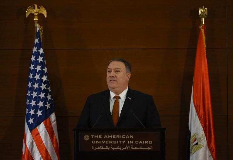وزير الخارجية الأميركي مايك بومبيو ملقياً خطابه في الجامعة الأميركية في القاهرة. أندرو كاباييرو-رينولدز/ أ ف ب