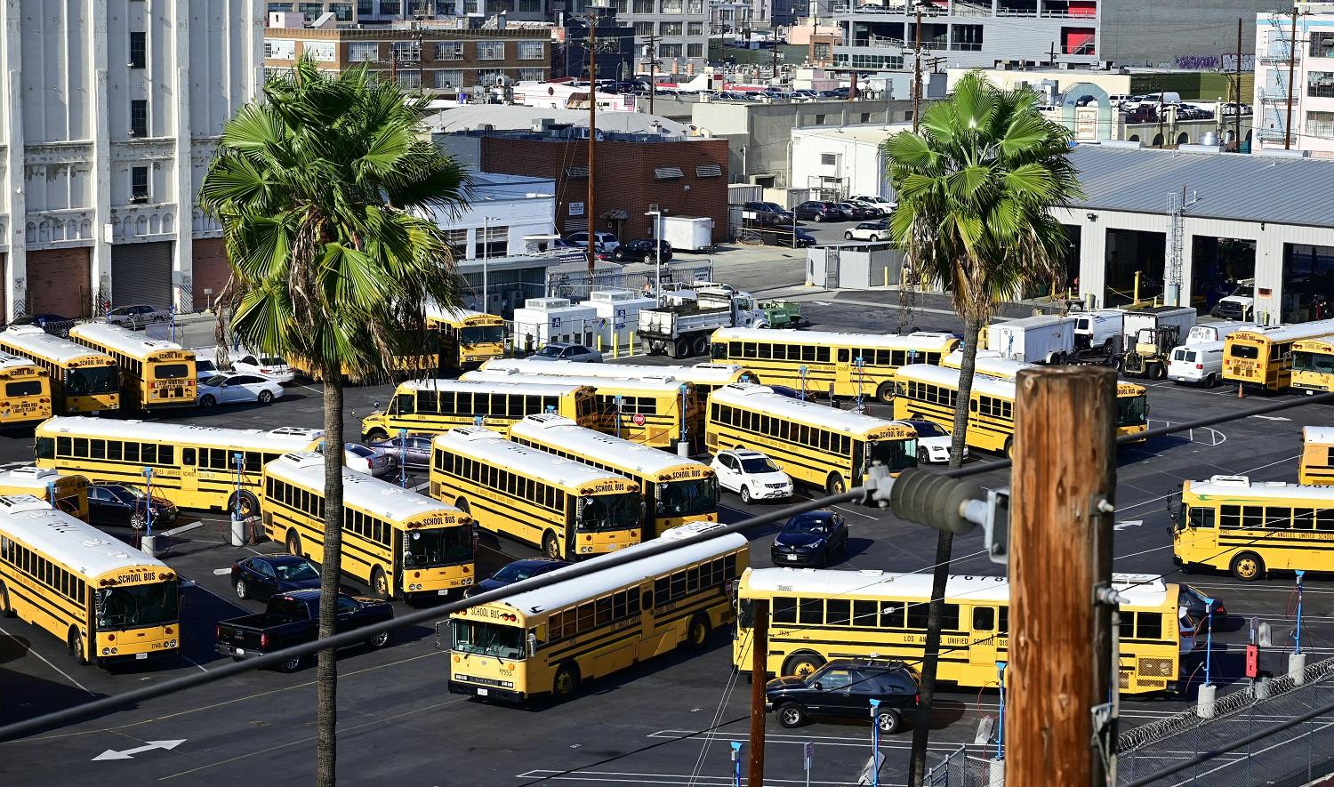 حافلات مدرسية داخل ساحة مدرسة في لوس أنجليس، 10 يناير 2019. أ ف ب