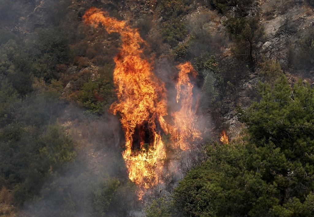 نيران مشتعلة في غابات في جبال الشوف التي تحيط بنهر الدامور، جنوب شرق العاصمة اللبنانية بيروت. (جوزيف عيد/ أ ف ب)
