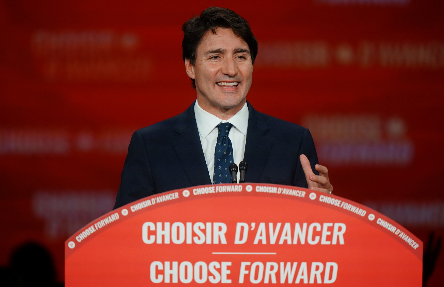  الزعيم الليبرالي ورئيس الوزراء الكندي جوستين ترودو بعد الانتخابات الفيدرالية في قصر المؤتمرات في مونتريال.كندا.22 أكتوبر 2019. (رويترز) / كارلو اليجري