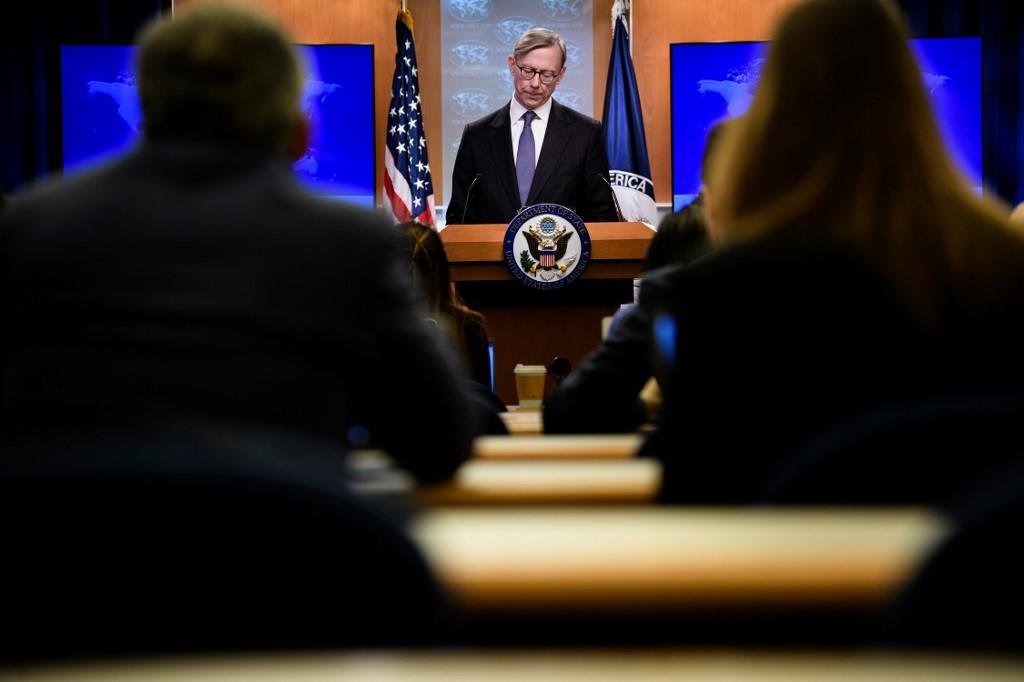 المبعوث الأميركي إلى إيران براين هوك، خلال مؤتمر صحفي في وزارة الخارجية الأميركية، 17 كانون الثاني/ يناير 2020. (أ ف ب)