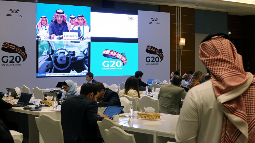 قاعة الصحافيين خلال إحدى جلسات قمة العشرين في العاصمة السعودية الرياض. (رويترز)