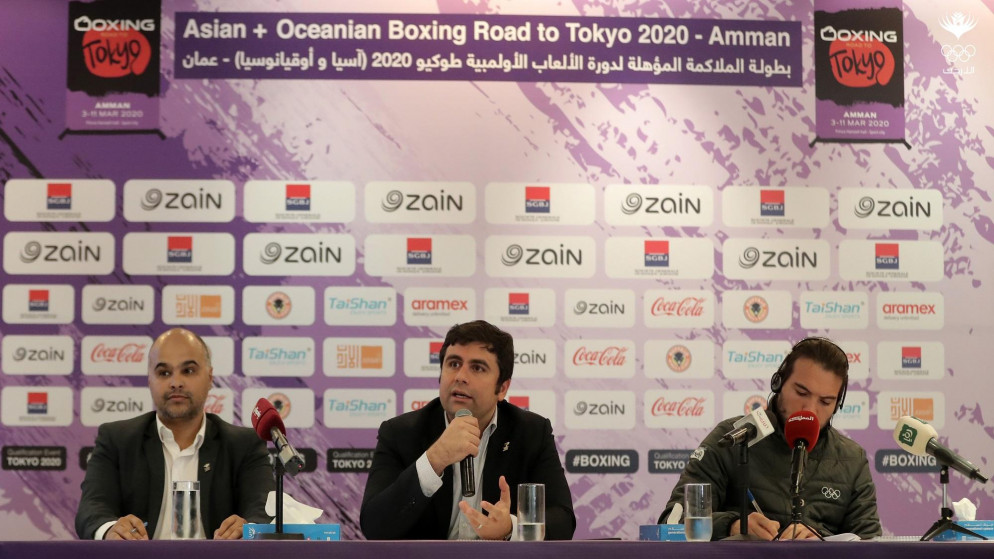 مؤتمر صحفي للجنة الأولمبية الأردنية للحدثي عن تصفيات الملاكمة عن قارتي آسيا وأقيانوسيا المؤهلة إلى دورة الألعاب الأولمبية في العاصمة اليابانية طوكيو. (اللجنة الأولمبية الأردنية)