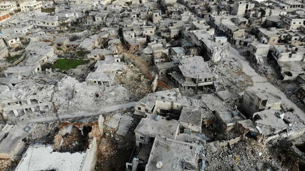 مبانٍ مدمرة في بلدة إحسم السورية في ريف إدلب الجنوبي، 19 شباط/فبراير 2020. (أ ف ب)