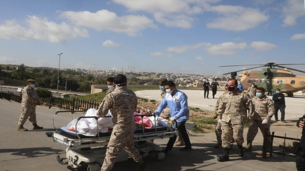 طائرة إخلاء طبي تابعة لسلاح الجو الملكي، لنقل أردني إلى مدينة الحسين الطبية، بعد أن تعرض لحادث سير خلال وجوده في السعودية. (القوات المسلحة الأردنية)