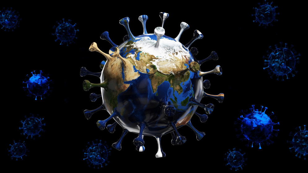 رسم ثلاثي الأبعاد لفيروس كورونا أو COVID-19 يهاجم العالم.(shutterstock)