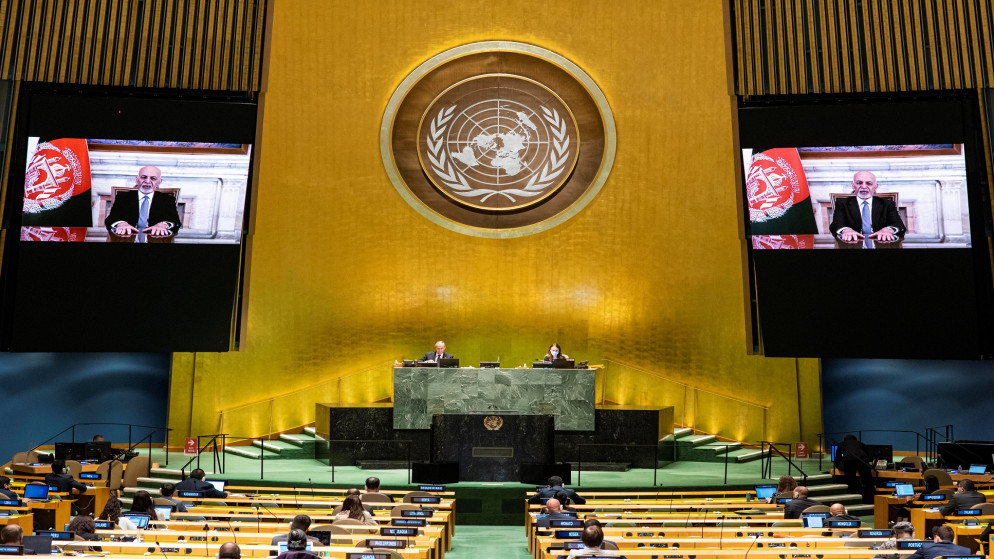 الرئيس الأفغاني أشرف غني خلال تحدثه في الدورة السنوية الخامسة والسبعين للجمعية العامة للأمم المتحدة. 23/09/2020. (رويترز)