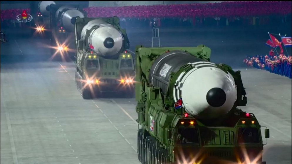 عرض كوريا الشمالية صاروخا باليستيا عابرا للقارات خلال عرض عسكري كبير. (أ ف ب)