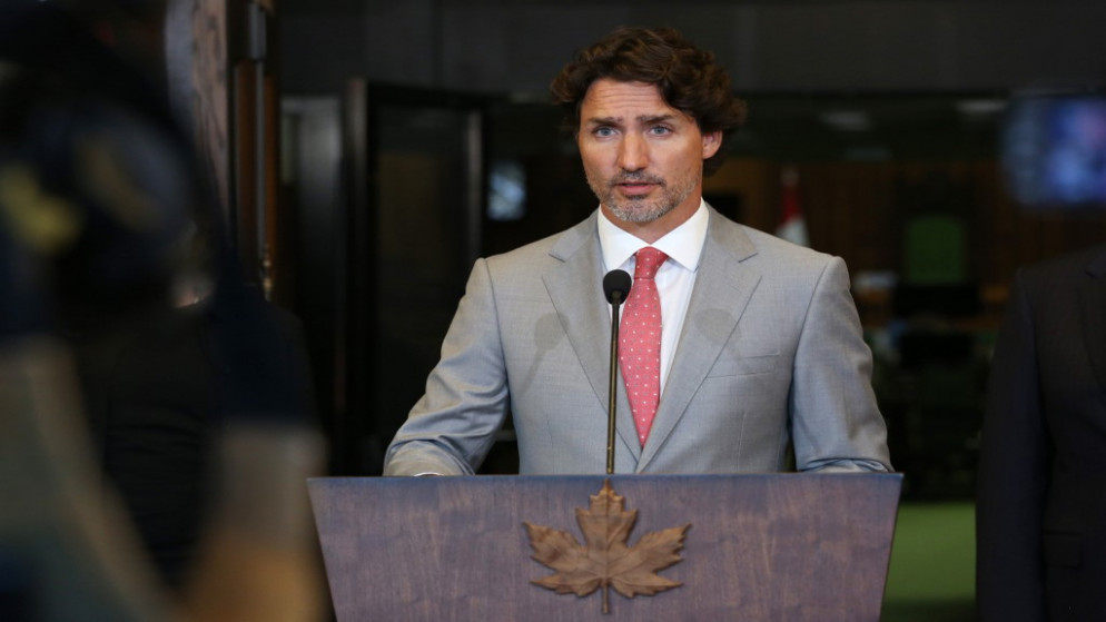 رئيس الوزراء الكندي جاستن ترودو خلال مؤتمر صحفي في مبنى البرلمان في أوتاوا. 18آب/ أغسطس 2020 . (أ ف ب)
