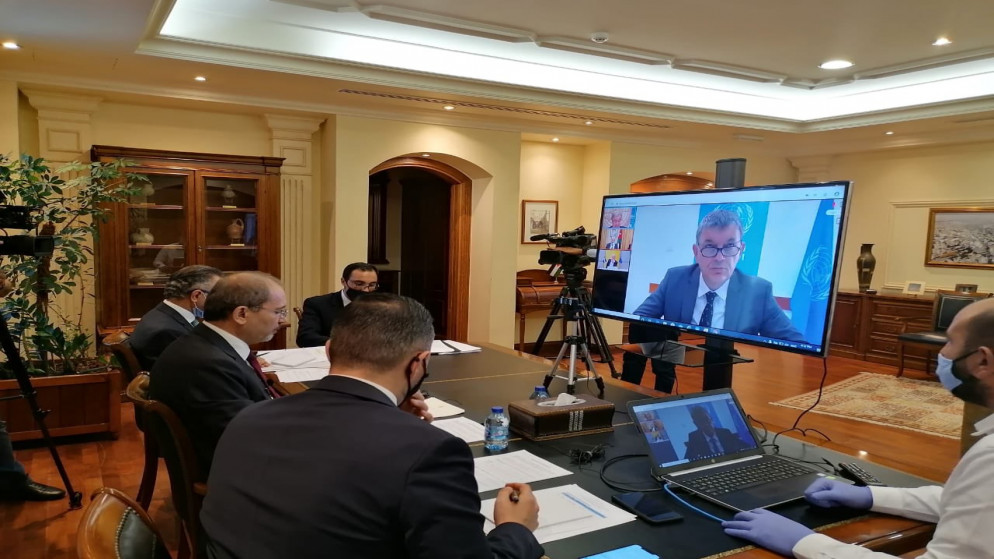 وزير الخارجية وشؤون المغتربين أيمن الصفدي خلال المؤتمر الصحفي لدعم الأونروا .23/6/2020. (المملكة)