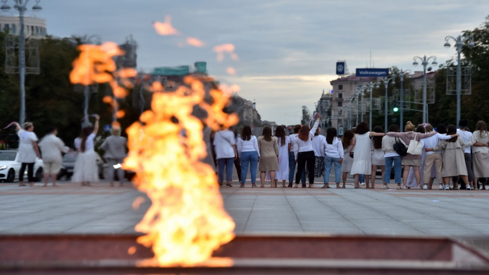 تظاهرة للاحتجاج على عنف الشرطة في مينسك . 12 أغسطس ، 2020. (سيرجي جابون / أ ف ب)