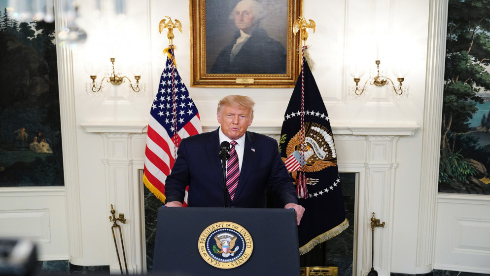 الرئيس الأميركي دونالد ترامب يتحدث في غرفة الاستقبال الدبلوماسي بالبيت الأبيض. واشنطن. 9 سبتمبر 2020.