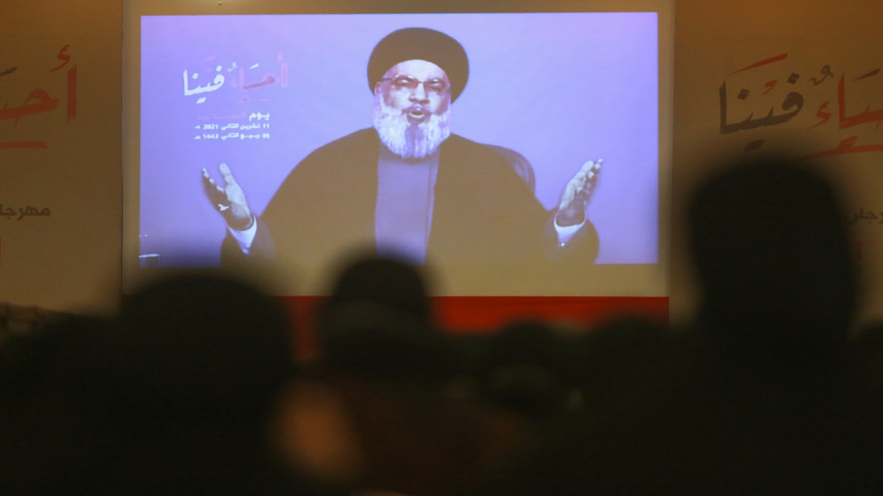 خطاب سابق للأمين العام لجماعة حزب الله اللبنانية حسن نصر. (رويترز)