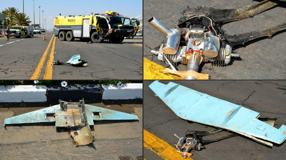 حطام طائرة بدون طيار تم استخدامها في هجوم على مطار أبها الدولي في منطقة عسير جنوب المملكة العربية السعودية، 10 شباط/ فبراير 2021. (أ ف ب)