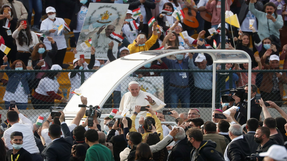 البابا فرنسيس يصل لإقامة قداس في ملعب فرانسو حريري في أربيل، 7 آذار/مارس 2021. (رويترز)