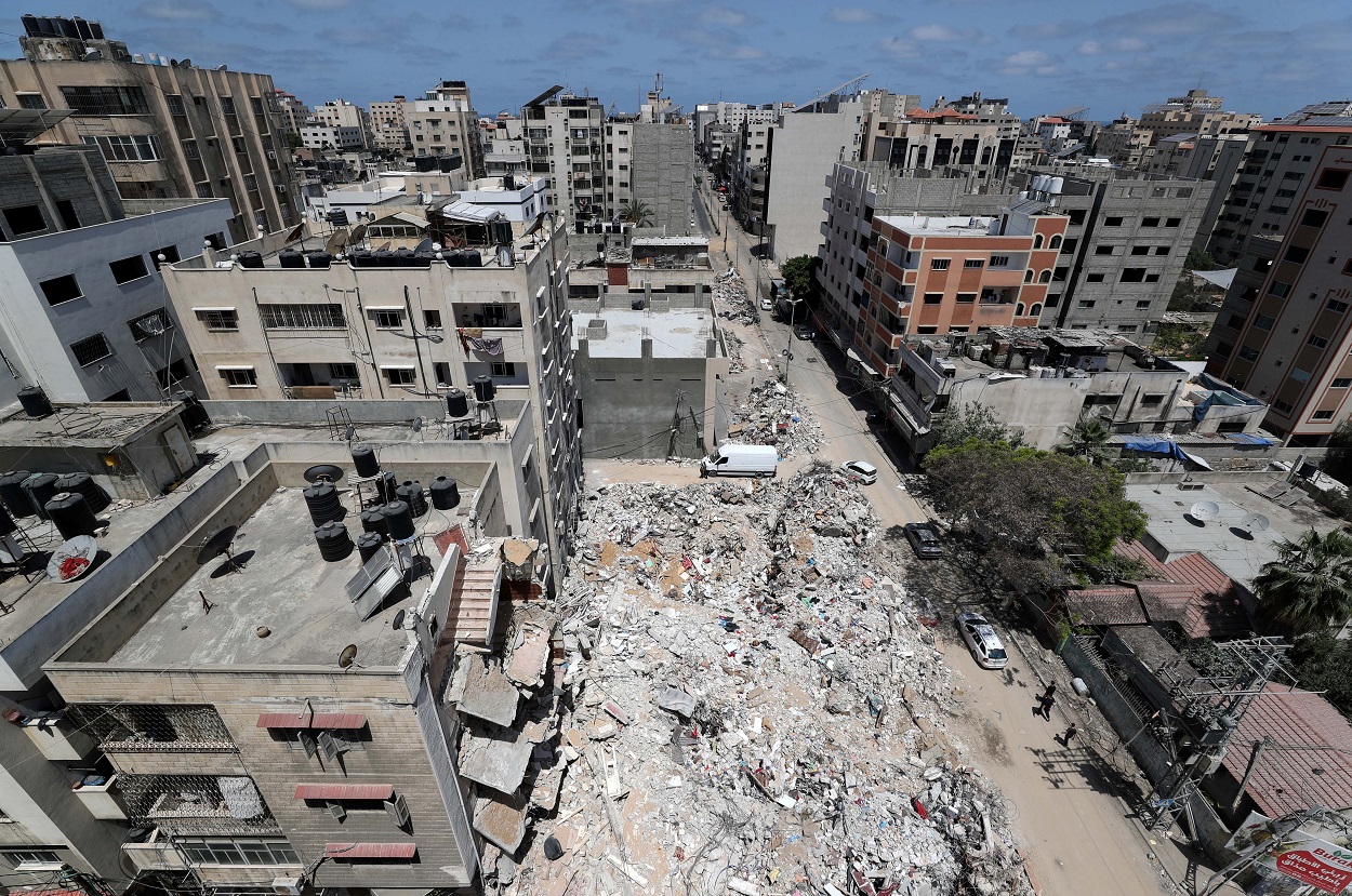 موقع غارات جوية إسرائيلية وسط صراع إسرائيلي فلسطيني في غزة، 20 مايو/أيار 2021. (رويترز)