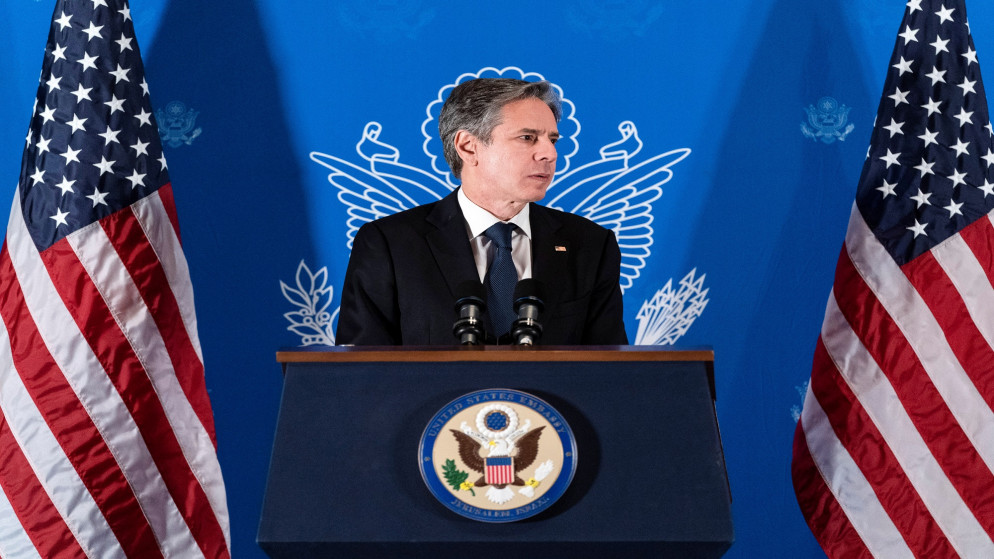وزير الخارجية الأميركي انتوني بلينكن خلال مؤتمر صحفي في القدس المحتلة. (رويترز)