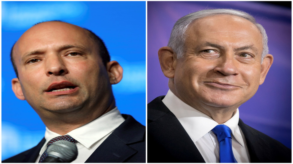 رئيس الوزراء الإسرائيلي بنيامين نتنياهو ورئيس حزب "يمينا" الإسرائيلي اليميني المتطرف نفتالي بينيت. (رويترز)
