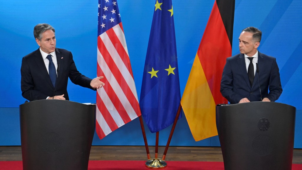 وزير الخارجية الألماني هايكو ماس (يمين) ونظيره الأميركي أنتوني بلينكن خلال مؤتمر صحفي في برلين. 23/06/2021. (جون ماكدوغال / أ ف ب)