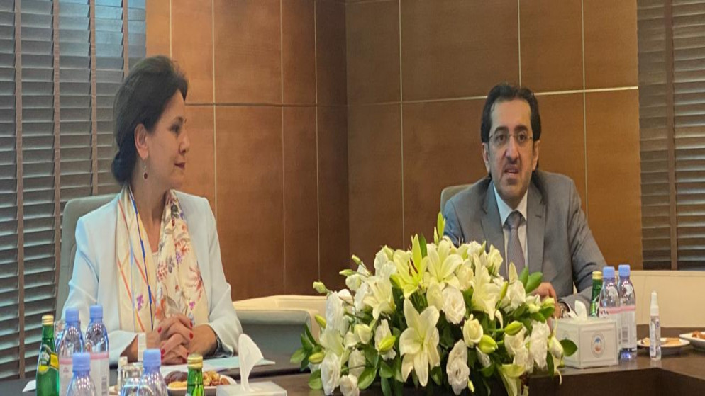 لقاء وزيرة الطاقة والثروة المعدنية هالة زواتي مع رئيس مجلس إدارة العربية للتعدين محمد الشحي. (بترا)