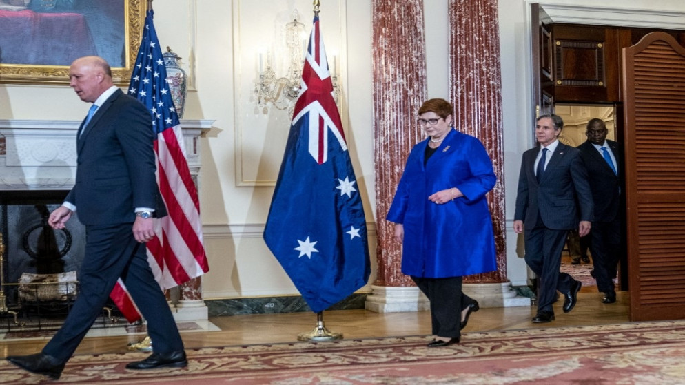 وزير الدفاع الأسترالي بيتر داتون ووزيرة الخارجية ماريز باين ووزيرة الخارجية الأميركية أنتوني بلينكين ووزير الدفاع لويد أوستن في واشنطن. 16 أيلول/سبتمبر 2021. (أ ف ب)