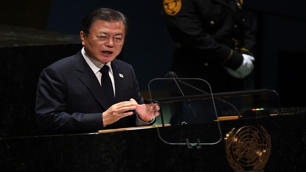 رئيس كوريا الجنوبية مون جاي-إن خلال خطاب ألقاه من على منبر الأمم المتحدة في نيويورك. (أ ف ب)