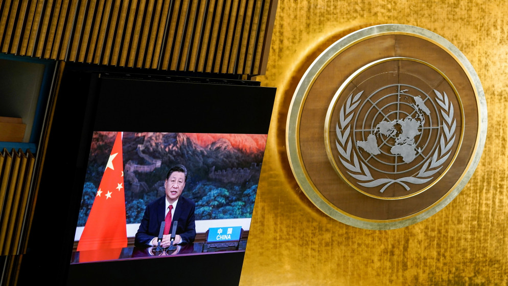 الرئيس الصيني شي جينبينغ في خطاب عبر الفيديو سُجل مسبقاً وبث خلال اجتماعات الجمعية العامة للأمم المتحدة. (أ ف ب)