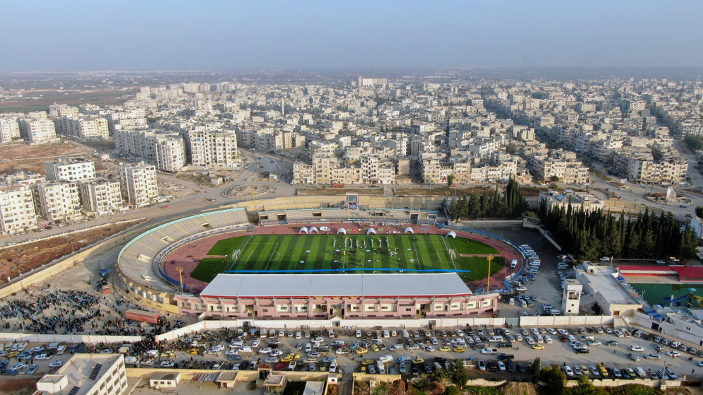 ملعب كرة قدم في مدينة إدلب في شمال سوريا. (رويترز)