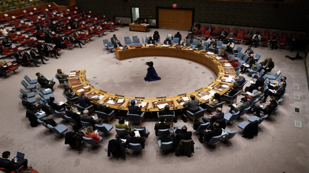 جلسة سابقة لمجلس الأمن الدولي بشأن الأزمة بين روسيا وأوكرانيا. (أ ف ب)