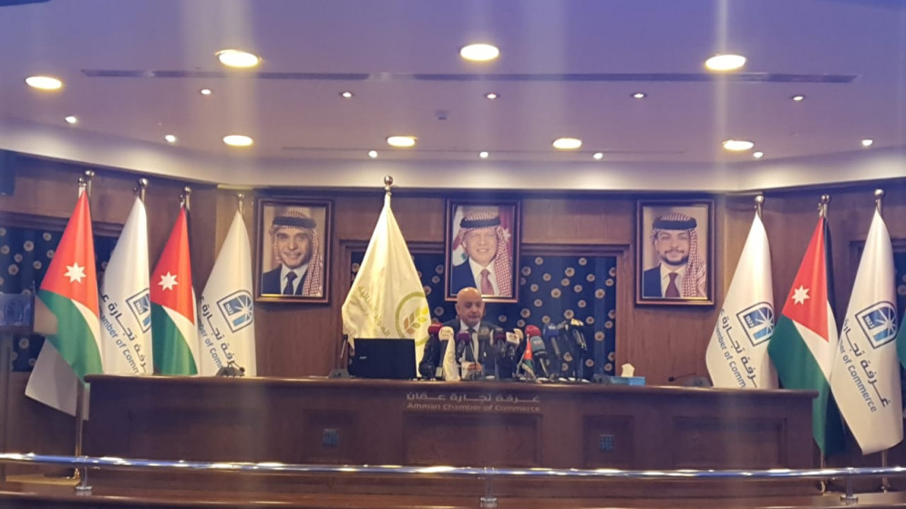 رئيس غرفة تجارة عمّان خليل الحاج توفيق خلال المؤتمر الصحفي.14.3.2022. (المملكة)