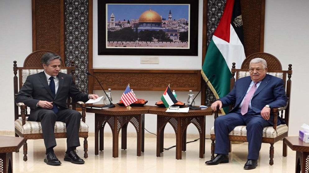 لقاء الرئيس الفلسطيني محمود عباس مع وزير الخارجية الأميركي أنتوني بلينكن في مدينة رام الله. (وفا)