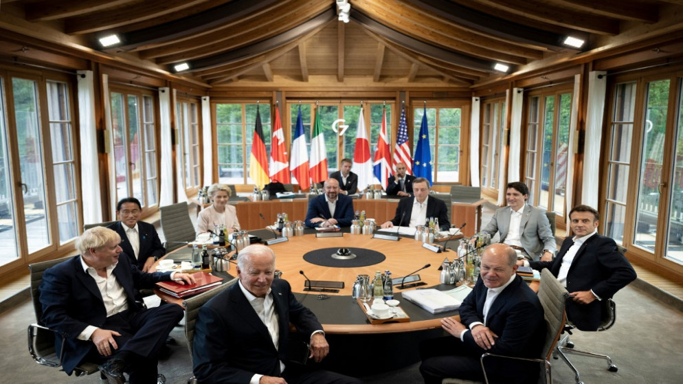 قادة مجموعة السبع خلال اجتماعهم في قلعة إلماو جنوبي ألمانيا. 28/06/2022. (أ ف ب)
