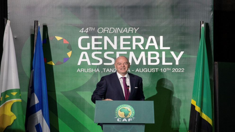 جياني إنفانتينو الرئيس الحالي للاتحاد الدولي (فيفا) خلال اجتماع الجمعية للاتحاد الإفريقي لكرة القدم. (أ ف ب)