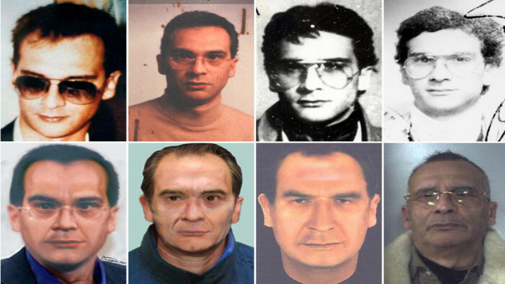 صور مختلفة لمراحل عمرية متعددة لماتيو ميسينا دينارو وهو زعيم مافيا إيطالية. (إنسا)