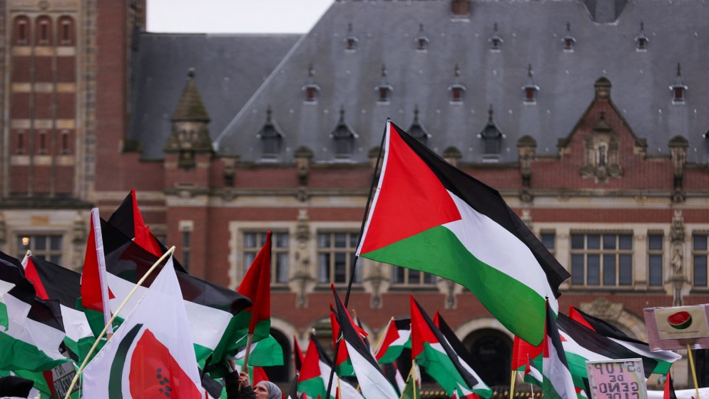 متظاهرون مؤيدون للفلسطينيين بالقرب من محكمة العدل الدولية في لاهاي، 12 كانون الثاني/يناير 2024. (رويترز)