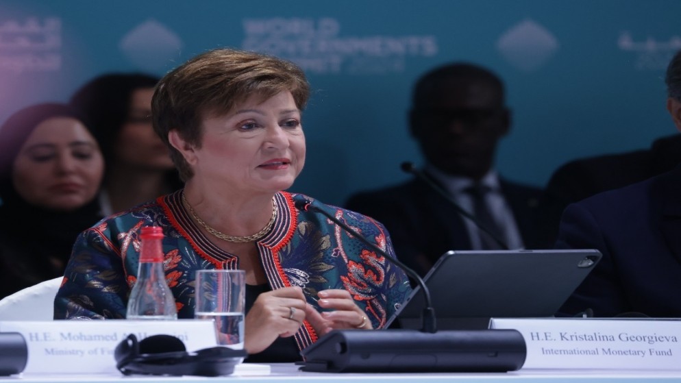 مديرة صندوق النقد الدولي (IMF) كريستالينا غورغييفا خلال إلقاء كلمتها الأحد، أمام منتدى المالية العامة الثامن في الدول العربية المُنعقد في دبي.11/2/2024 (صندوق النقد الدولي)
