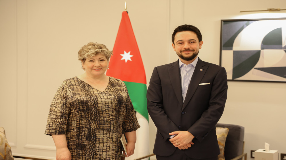 سمو الأمير الحسين بن عبدﷲ الثاني ولي العهد يلتقي مع رئيسة لجنة الشؤون الخارجية في مجلس العموم البريطاني إميلي ثورنبيري. (الديوان الملكي الهاشمي)