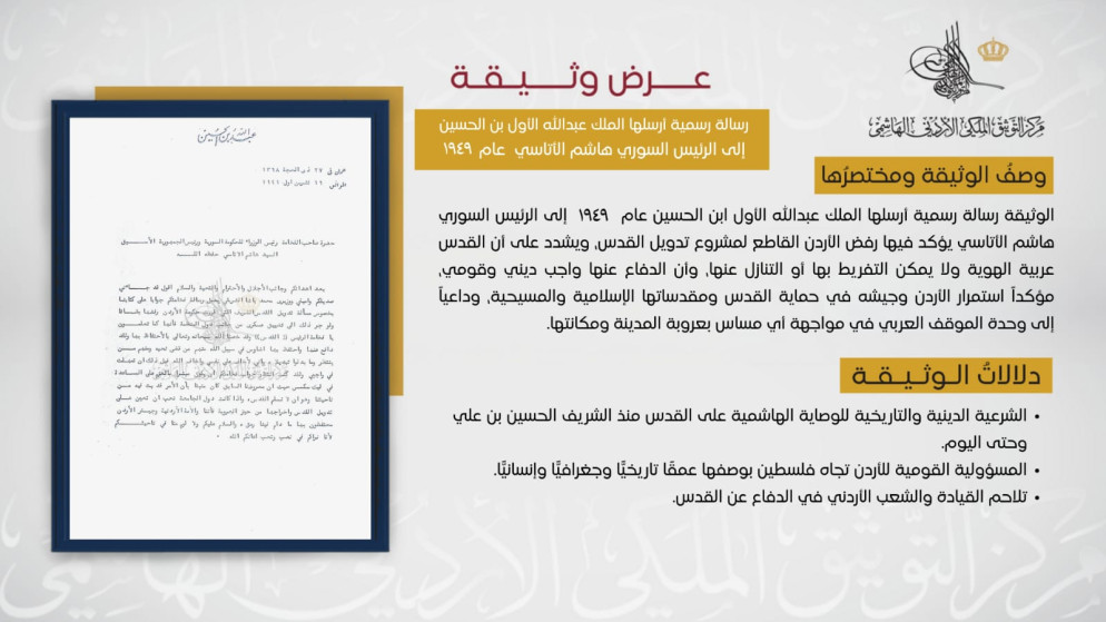 مركز التوثيق الملكي يعرض وثيقة حول موقف الأردن الراسخ تجاه فلسطين.