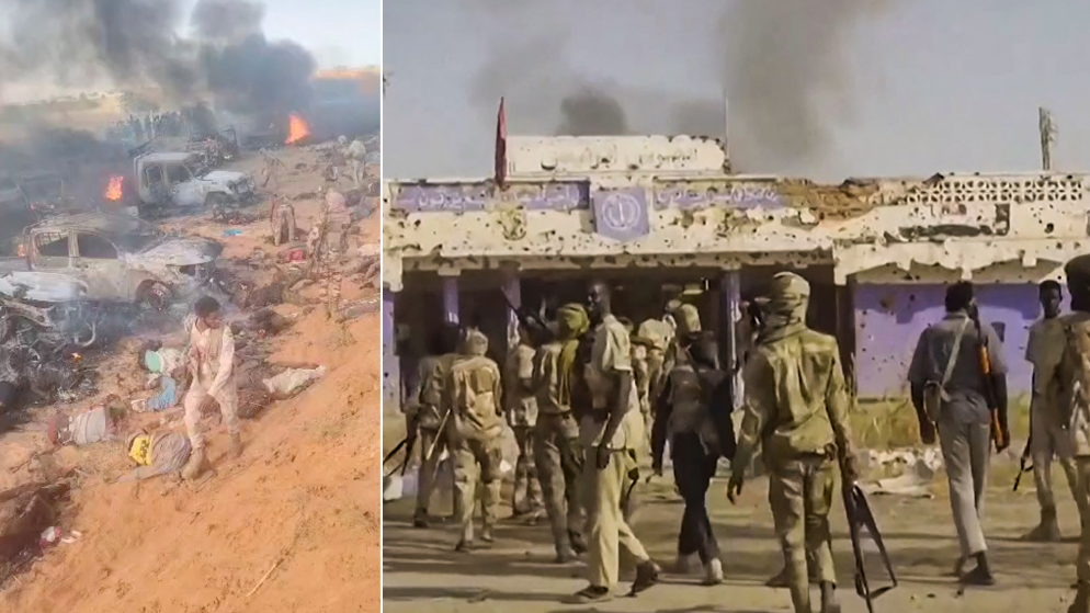 صورة دامجة تظهر مشاهد التوتر في السودان، في الشق الأيمن قوات الجيش السوداني، والأيسر يظهر أفراد من قوات الدعم السريع شبه العسكرية يسيرون وسط جثث أشخاص عزّل أثناء هجوم بالقرب من الفاشر. (المملكة/ رويترز) 26/27 تشرين أول 2025