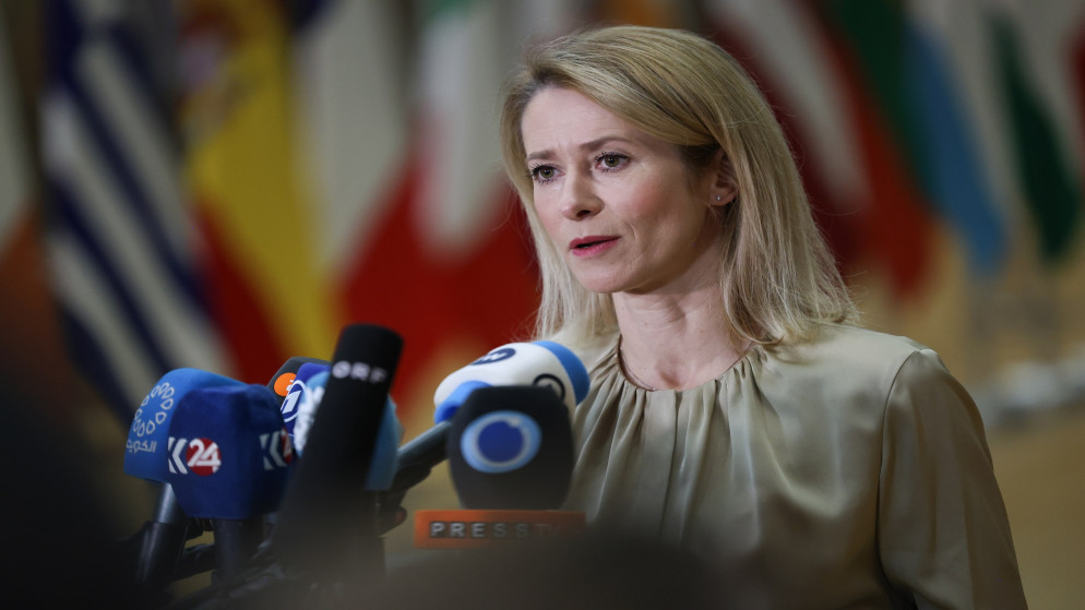 الممثلة العليا للسياسة الخارجية والأمنية في الاتحاد الأوروبي كايا كالاس في تصريحات صحفية قبل اجتماع الشؤون الخارجية.