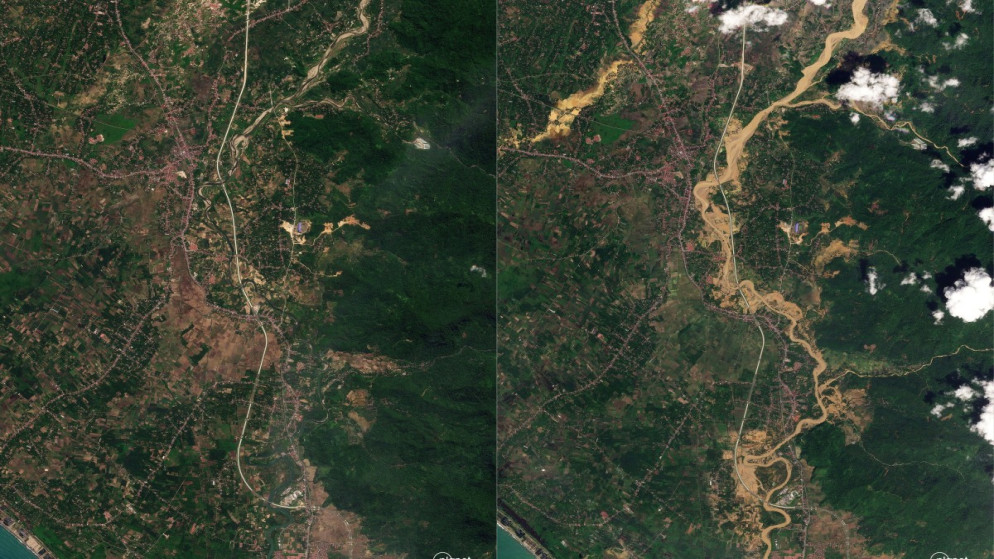 تظهر هذه المجموعة من صور الأقمار الصناعية المنشورة بواسطة Planet Labs في 1 كانون الأول 2025، مدينة بادانج باريامان الإندونيسية في 26 حزيران 2025 (يسار) و29 تشرين الثاني 2025، بعد أن ضرب الإعصار ديتواه جزيرة سومطرة. (أ ف ب)